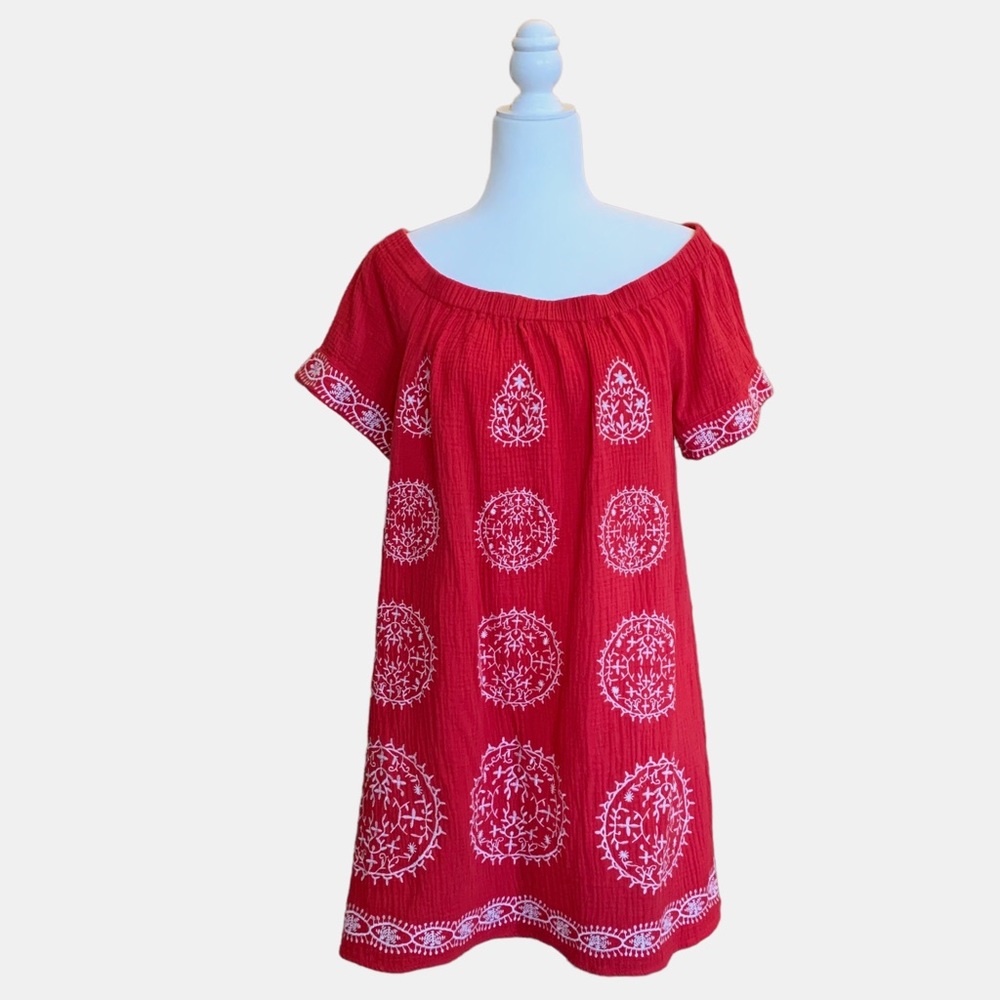 SKIES ARE BLUE RED COTTON OFF THE SHOULDER DRESS